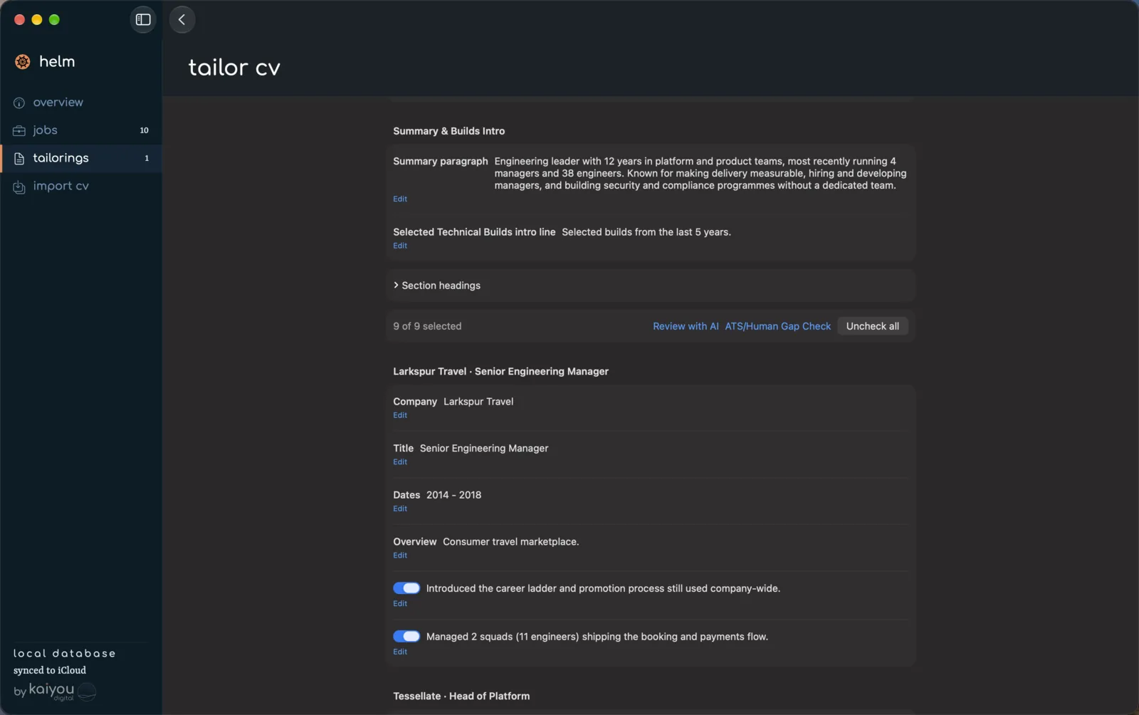 CV tailoring in Helm, with the summary, a review bar and selectable bullets for each role
